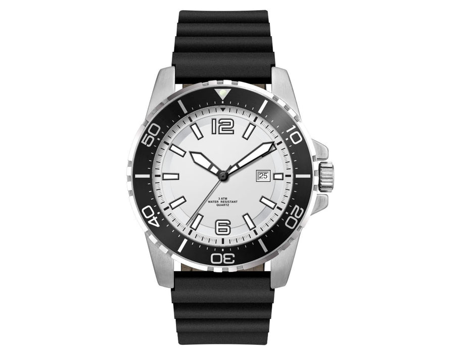 Sports Watch, Leather or Silicone Strap - A sports watch featuring a white dial, black bezel, and silicone strap. It has a logo on the face.