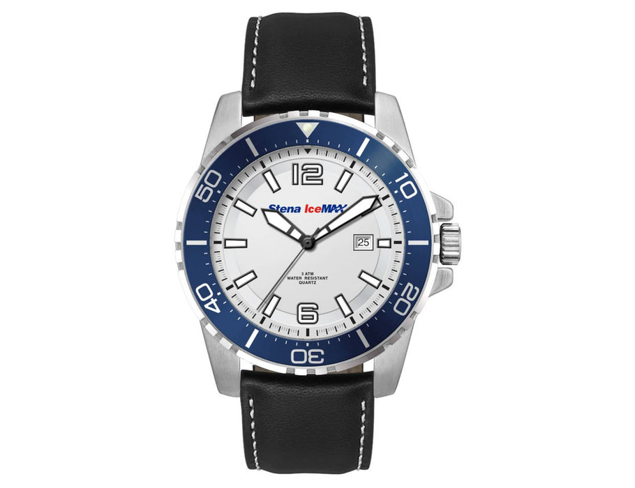 Sports Watch, Leather or Silicone Strap - A sports watch with a silver case, white face, blue bezel, and a black leather strap, featuring a logo.