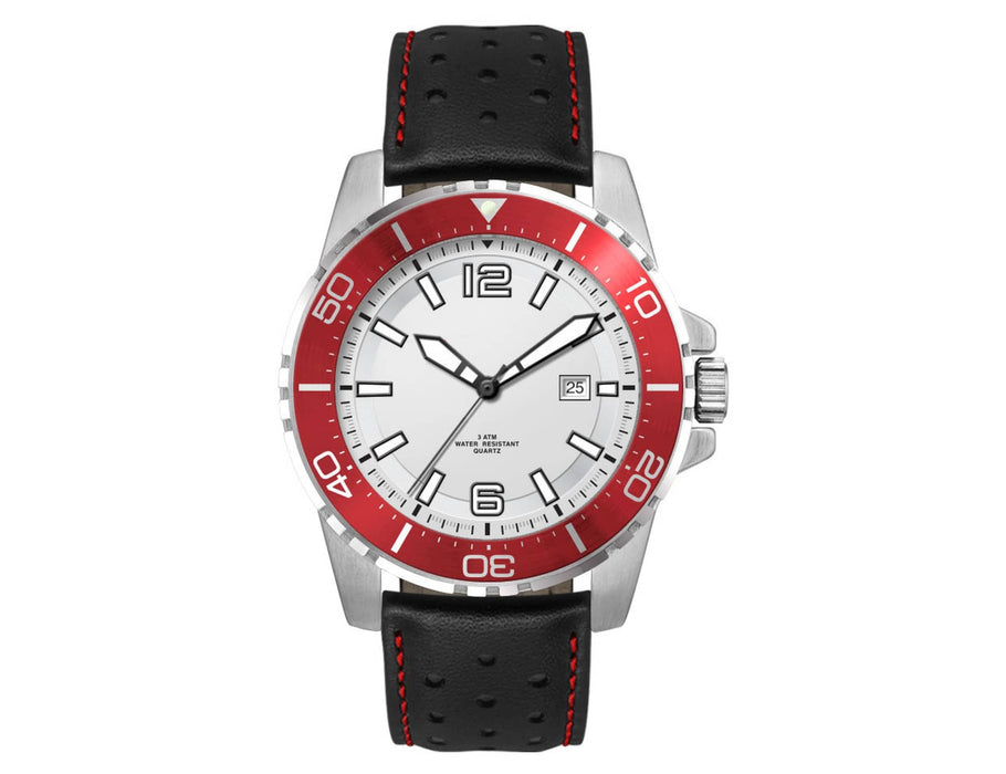 Sports Watch, Leather or Silicone Strap - A sports watch with a silver case, white dial, red bezel, and either a leather or silicone strap with red stitching.