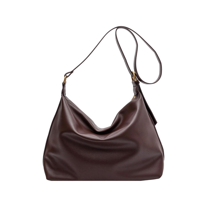 Dumpling Polyurethane Tote Bag - A brown polyurethane tote bag with a slouchy design and a single shoulder strap. It features a logo.