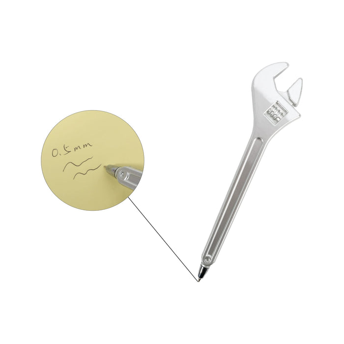 Spanner Shape Ballpoint Pen - A silver ballpoint pen shaped like a spanner rests next to a note with handwritten text on it.