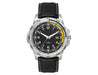 Sports Watch, Leather Strap - A sports watch featuring a black leather strap, stainless steel case, and a black dial with yellow accents.