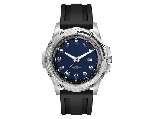 Sports Watch, Silicone Strap - A sports watch with a silver stainless steel case, a dark blue dial, and a black silicone strap. It features a logo.
