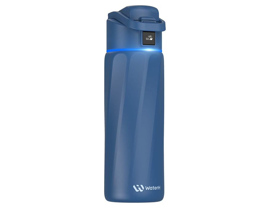 WaterH Boost Smart Bottle 24oz (710ml) - A drink bottle in blue with a sleek design and a built-in digital display. It features a logo on the body.