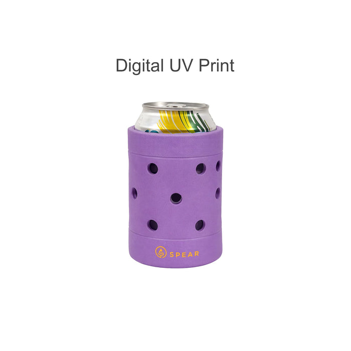 EVA Holes Stubby Holder - A drink bottle holder in purple with multiple holes, designed for standard cans, featuring a logo at the base.