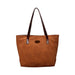 Suede Leather Tote Bag - A brown suede leather tote bag with darker brown handles and a logo on the front.