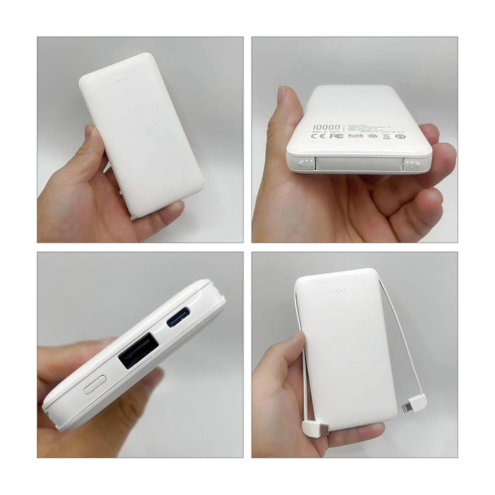 10000mAh Slim  Power Bank with Charging Cable - A white 10,000mAh slim power bank held in hand, featuring a built-in charging cable and various ports.