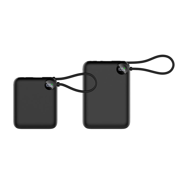 10000mAh Power Bank with Charging Cable - A black power bank with a charging cable, featuring two sizes and a small display on one.