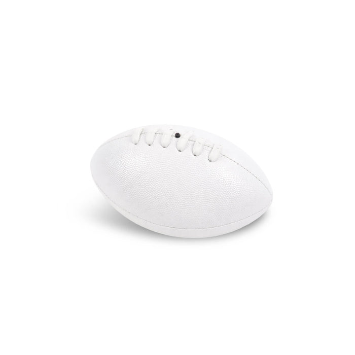 Mini Aussie Rules Ball - A Mini Aussie Rules Ball in white, featuring textured surface and stitching details, with a small branding logo.
