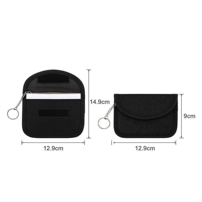 Faraday RFID Blocking Key Pouch - A black RFID blocking key pouch with dimensions displayed, featuring a zippered compartment and a key ring.