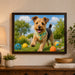Custom Gift Box Jigsaw Puzzle - A jigsaw puzzle featuring a happy dog with a colourful bandana in a garden, surrounded by vibrant balls. Framed on a wall.