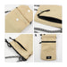 Minimalist Crossbody Phone Bag - A minimalist crossbody phone bag in beige with a black interior and a patterned strap. It features multiple pockets and fastenings.