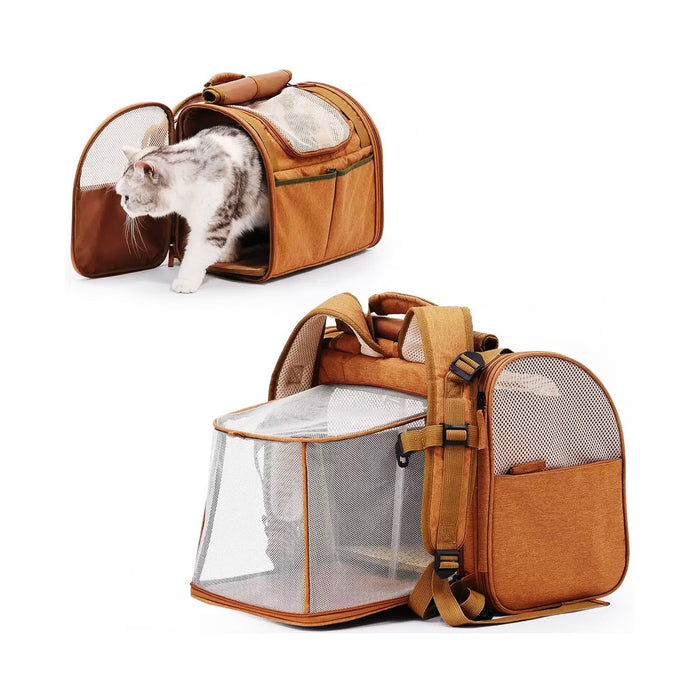 Pet Backpack Carrier with Expandable Design - A brown pet backpack carrier with an expandable mesh section, featuring dual openings and adjustable straps.