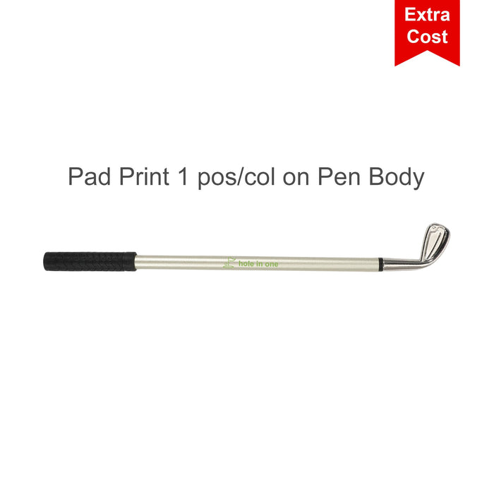 Golf Pen Gift Set - A golf club-shaped pen with a black grip and metallic silver finish, featuring a logo.