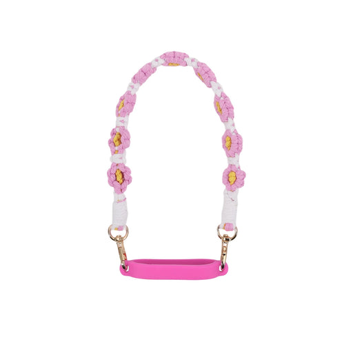 Woven Flower Tumbler Strap - A drink bottle strap featuring woven pink and white flowers with yellow centres, complemented by a pink silicone grip.