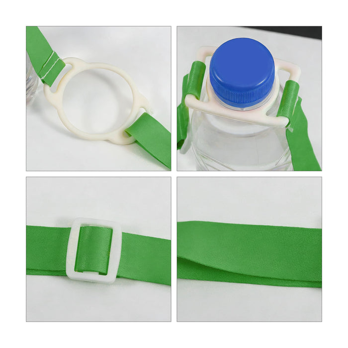 RPET 2 in 1 Water Bottle Lanyard - A drink bottle lanyard with a blue cap and green straps, featuring a plastic holder and adjustable buckle.
