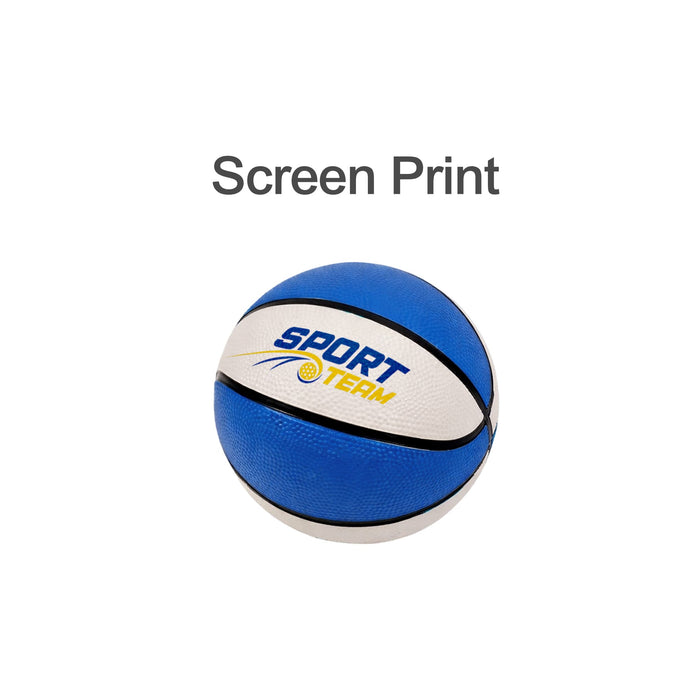 Mini Promotional Basketball - A mini promotional basketball featuring blue and white panels, with a logo printed on it.