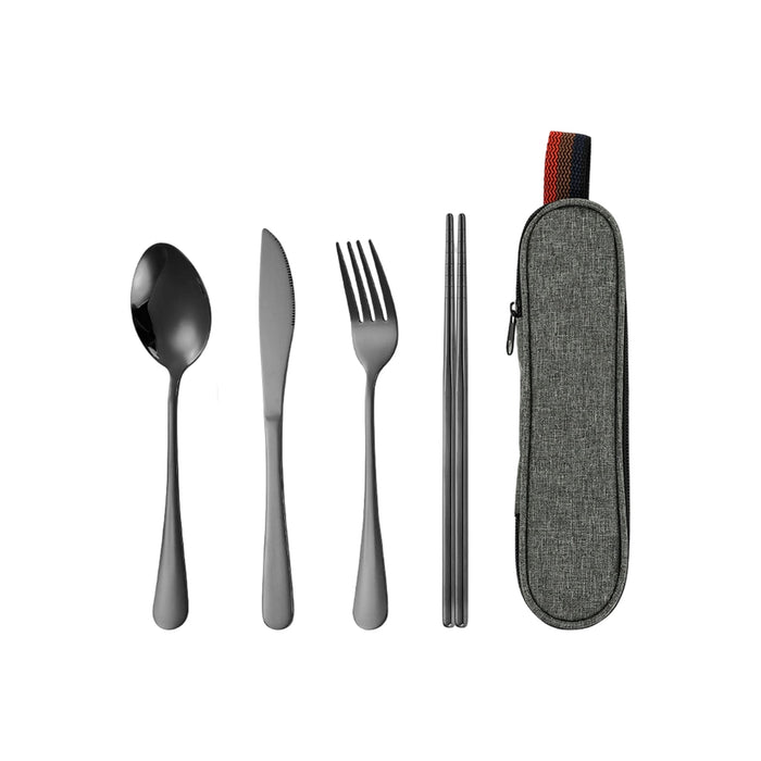 Travel Cutlery Set 4pcs - A travel cutlery set featuring a spoon, knife, fork, and chopsticks, enclosed in a grey pouch with a coloured zipper.