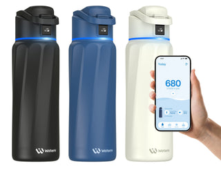 WaterH Boost Smart Bottle 32oz (946ml) - A drink bottle in black, blue, and white, featuring a digital panel and a logo on the base.