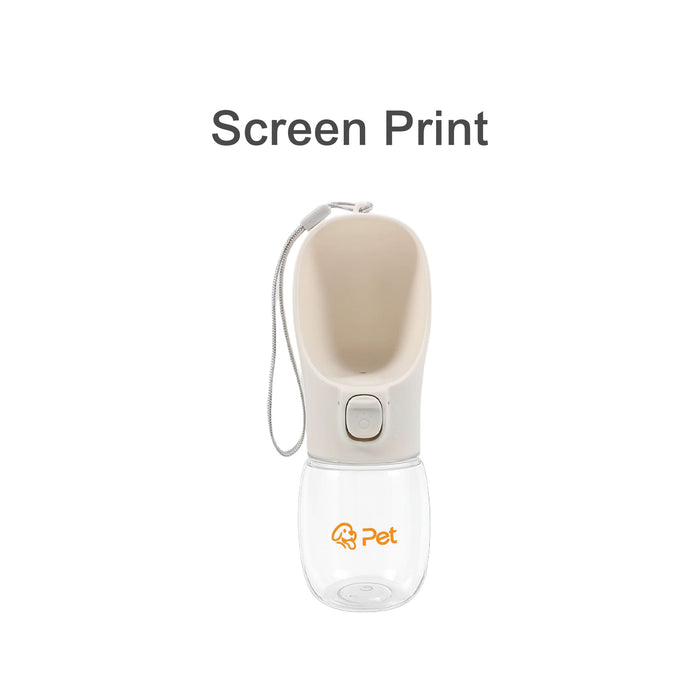 300ml Portable Pet Water Bottle - A drink bottle designed for pets, featuring a beige upper section and a clear water reservoir, with a logo.