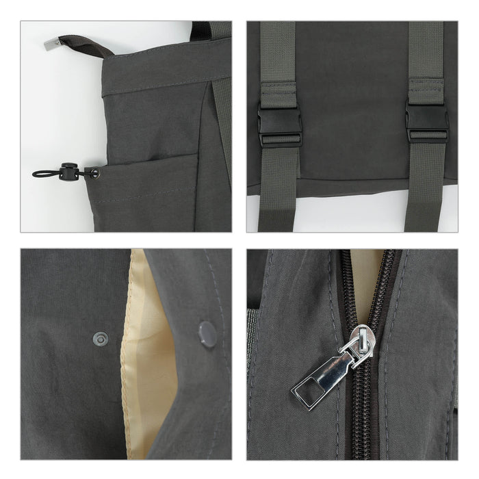 Lightweight Tote Bag With Yoga Mat Straps - A grey tote bag featuring yoga mat straps, zip closure, and a snap button pocket. Includes adjustable straps and logo.