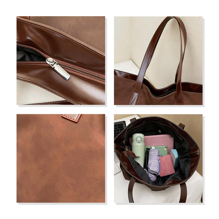 Suede Leather Tote Bag - A brown suede leather tote bag with a zip closure and various items inside, including pastel-coloured accessories.
