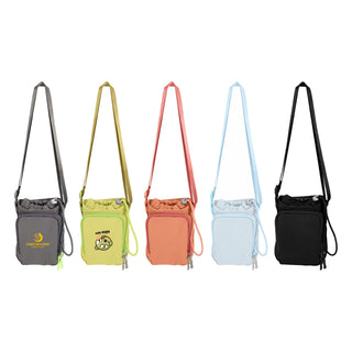 Water Bottle Holder with Strap - A drink bottle holder with strap available in grey, green, orange, blue, and black, featuring a logo on some designs.
