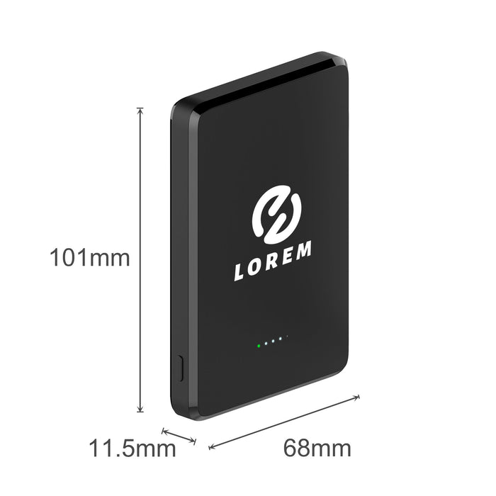 5000mAh Magnetic Wireless  Power Bank - A black 5000mAh magnetic wireless power bank with a logo, measuring 101mm x 68mm x 11.5mm.