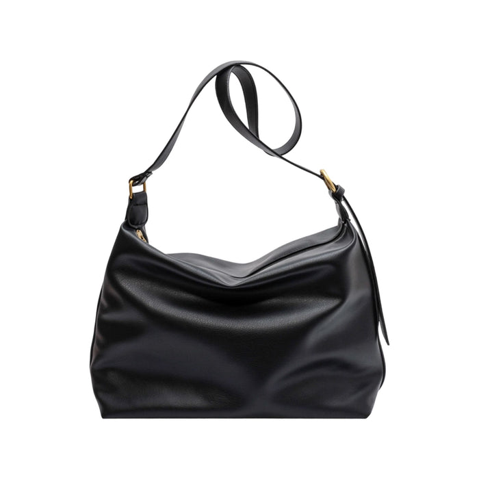 Dumpling Polyurethane Tote Bag - A black polyurethane tote bag with a soft, slouchy design and an adjustable shoulder strap.