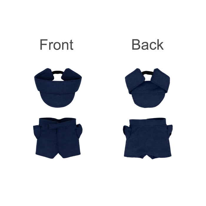 Plush Doll Racing Suit Set (10cm Doll) - A plush doll racing suit set featuring a navy blue cap and shorts, displayed from front and back angles.