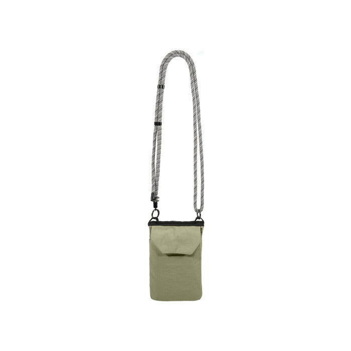 Minimalist Crossbody Phone Bag - A minimalist crossbody phone bag in light green with a patterned strap and a small front pocket. It features a logo.