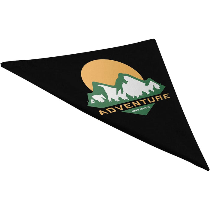 Heracles Bandana - A triangular black bandana featuring a mountain and sun design with green and gold accents. It has a logo.