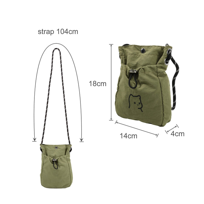 Lightweight Shoulder Phone Bag - A lightweight shoulder phone bag in olive green with a drawstring closure and a shoulder strap. Features a logo.
