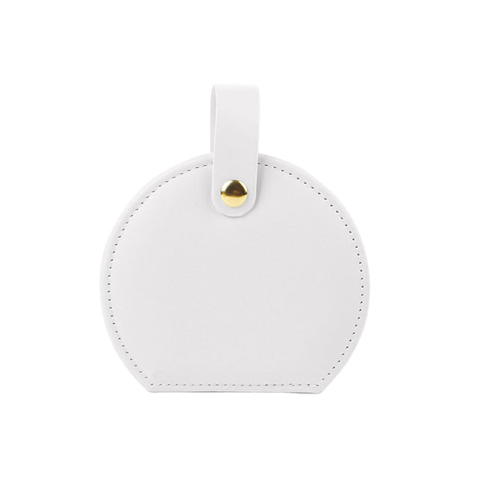 Small Portable PU Leather Jewellery Box - A round white PU leather jewellery box with a gold snap closure and a flat handle. It has an embossed logo.
