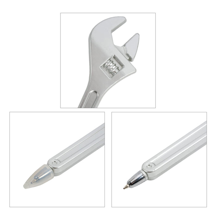 Spanner Shape Ballpoint Pen - A spanner-shaped ballpoint pen in metallic silver with a shiny finish and detailed design elements.