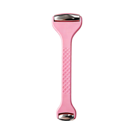 Ice Massager Roller Double Head - A pink double-headed ice massager roller with silver accents, featuring a textured grip.