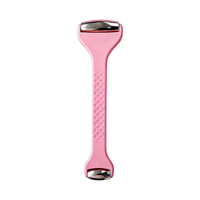 Ice Massager Roller Double Head - A pink double-headed ice massager roller with silver accents, featuring a textured grip.