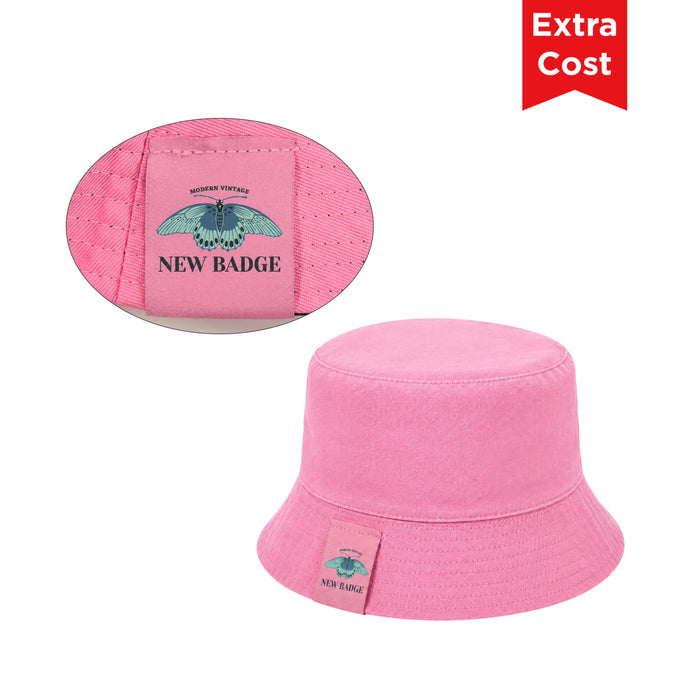 Bucket Hat with Card Pocket - A pink bucket hat with a card pocket and a logo on the side.