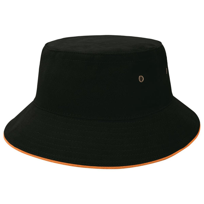 Sandwich Brim Bucket Hat - A black bucket hat with an orange trim, featuring eyelets and a logo.