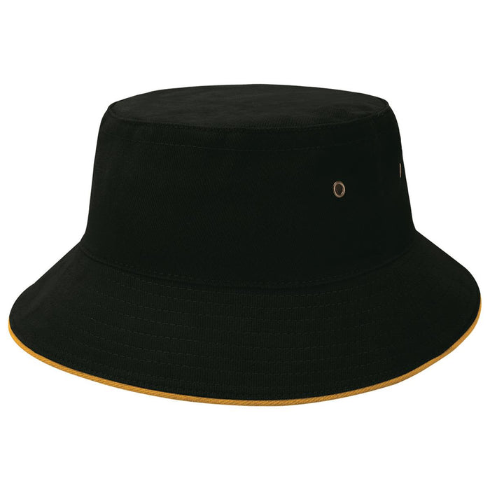 Sandwich Brim Bucket Hat - A black bucket hat with a contrasting gold trim and metal eyelets for ventilation. It features a logo.
