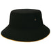 Sandwich Brim Bucket Hat - A black bucket hat with a contrasting gold trim and metal eyelets for ventilation. It features a logo.