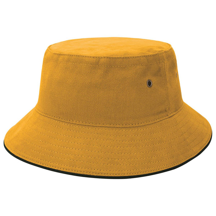 Sandwich Brim Bucket Hat - A mustard yellow bucket hat with a wide brim and a black underside, featuring a logo.