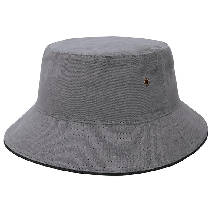 Sandwich Brim Bucket Hat - A grey bucket hat with a wide brim and a small logo detail. The material appears sturdy and textured.