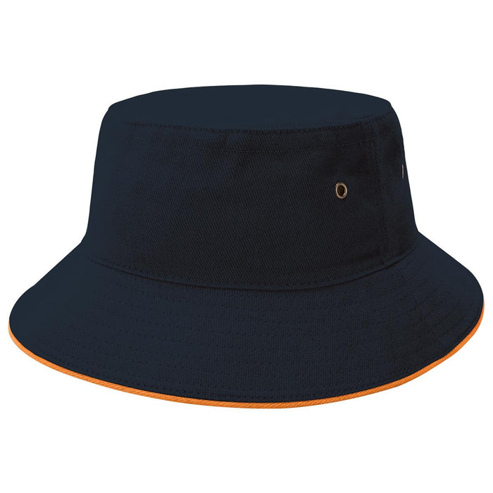 Sandwich Brim Bucket Hat - A navy bucket hat with an orange trim and eyelets, featuring a logo on the side.