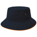 Sandwich Brim Bucket Hat - A navy bucket hat with an orange trim and eyelets, featuring a logo on the side.