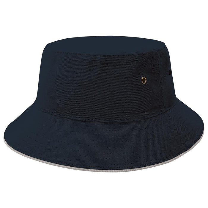 Sandwich Brim Bucket Hat - A black bucket hat featuring a wide brim and eyelets, suitable for outdoor wear. It has a branding logo included.