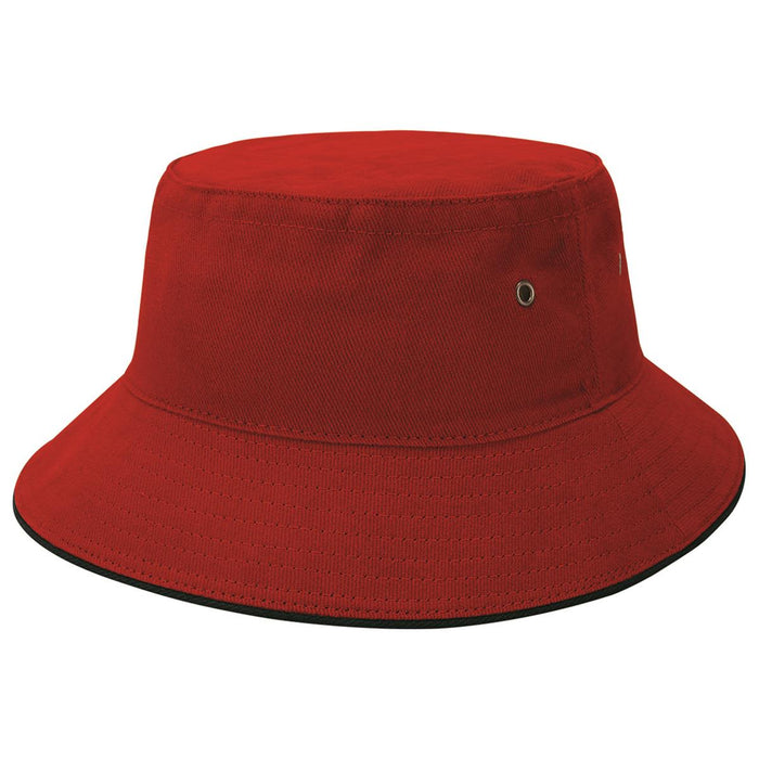 Sandwich Brim Bucket Hat - A red Sandwich Brim Bucket Hat featuring a round crown and a wide brim. Includes eyelets and a logo.
