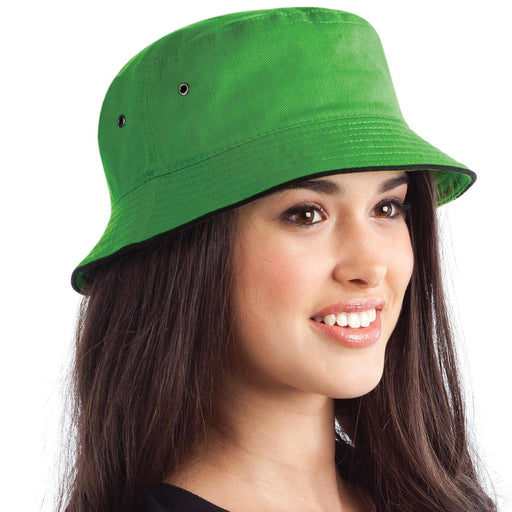 Sandwich Brim Bucket Hat - A green bucket hat with a wide brim, featuring ventilation eyelets and a branded logo.