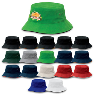 Sandwich Brim Bucket Hat - A range of bucket hats in various colours, including green, black, navy, white, and red, with a logo on one.