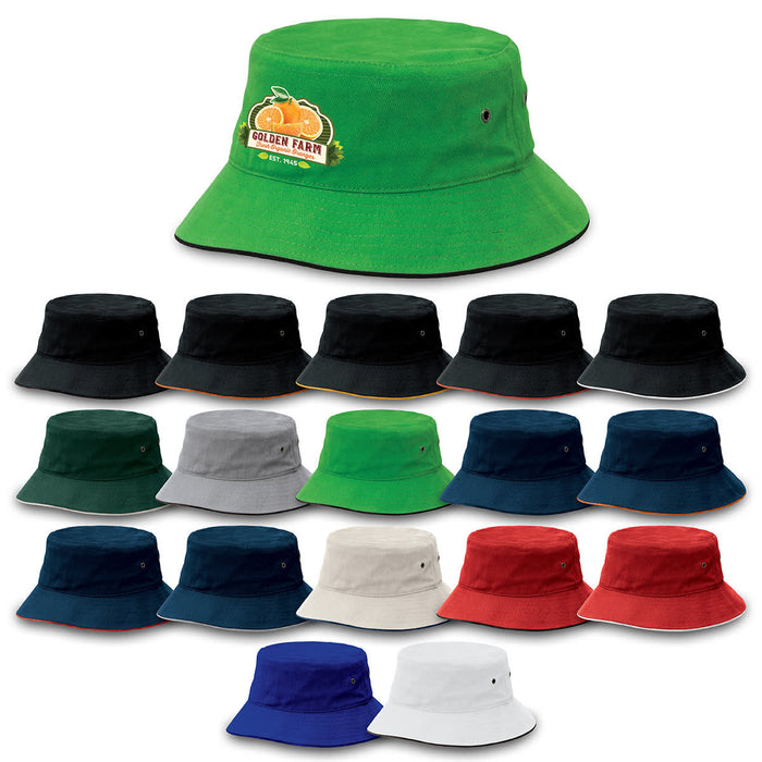 Sandwich Brim Bucket Hat - A range of bucket hats in various colours, including green, black, navy, white, and red, with a logo on one.